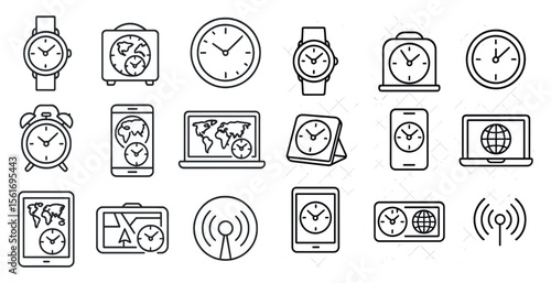 Collection of clocks and watches in various sizes and styles. The clocks and watches are all lined up in a row, with some of them showing the time and others showing the date