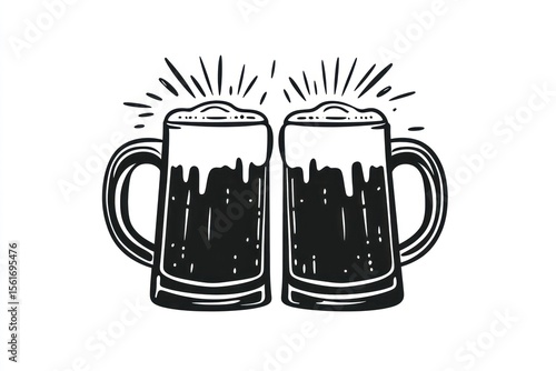 minimalist vector graphic of two beer mugs clinking, solid black and line combo