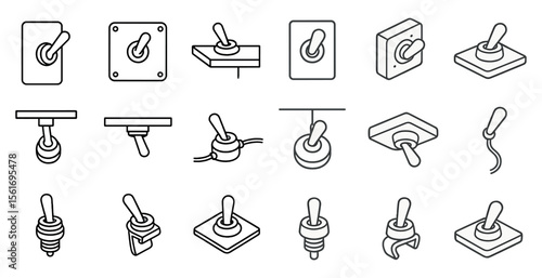 Set of switches with a variety of shapes and sizes. The switches are all lined up in a row, with some of them being larger than others. The switches are all different colors