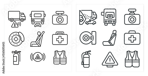 Set of icons for a car safety kit. The icons include a fire extinguisher, a first aid kit, a car jack, and a warning triangle