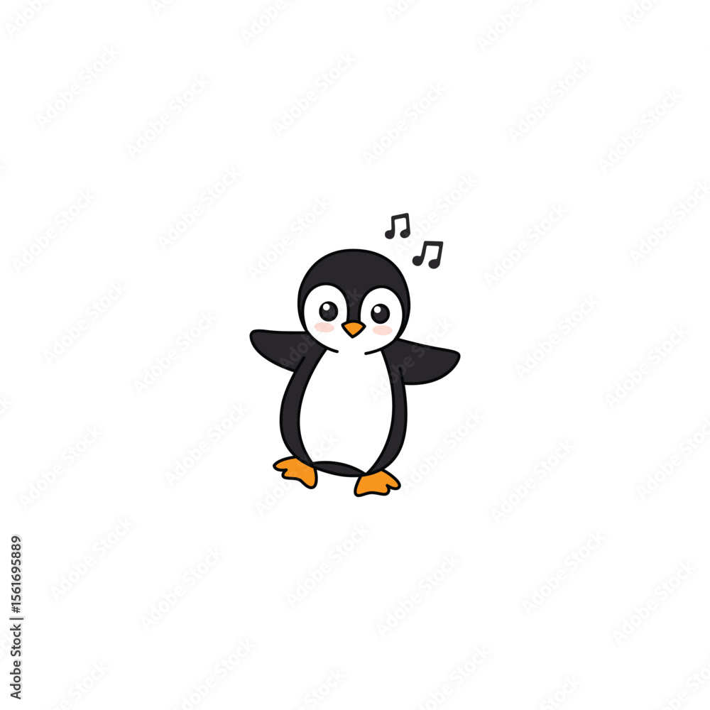 Fototapeta premium An icon of a cute cartoon penguin with musical notes floating around its head, suggesting it is singing, enjoying music, or being melodious.