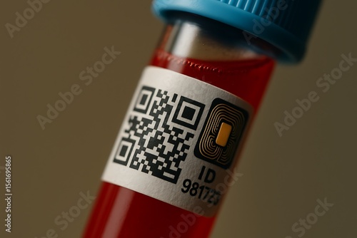AI Blood Vial with QR Tag and Digital ID Chip, Futuristic Medical Technology Concept