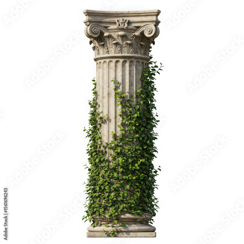 A classical stone column overgrown with ivy is isolated on transparent background