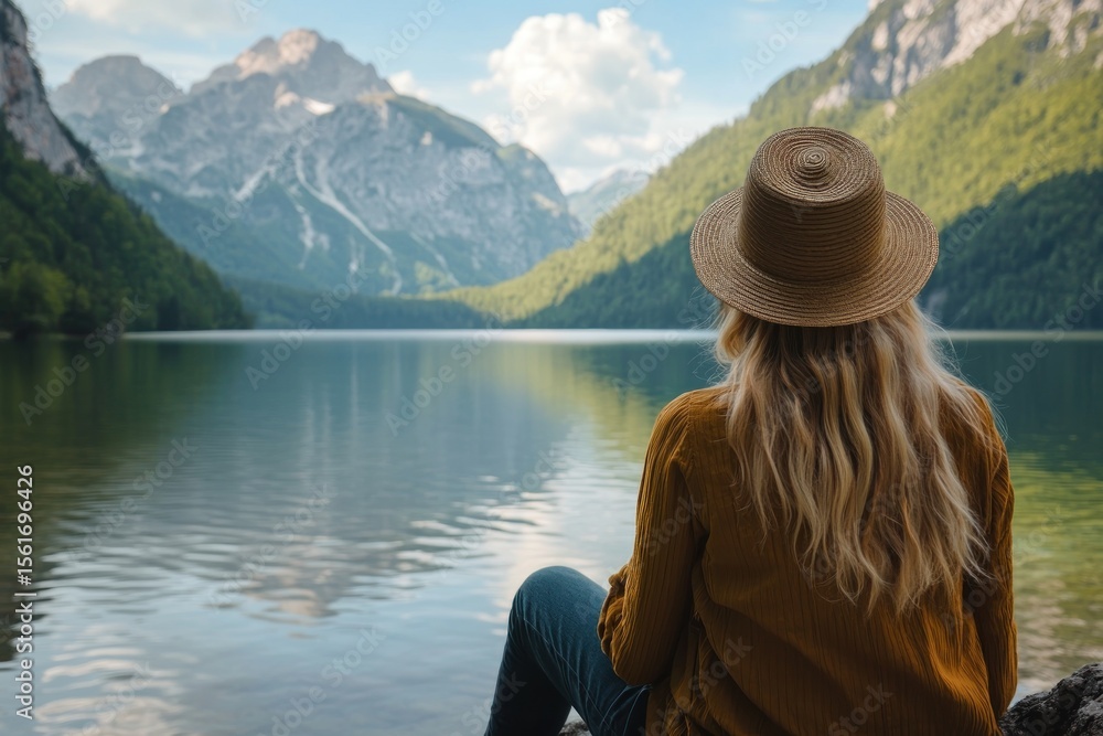 Fototapeta premium Mindful travel moment, woman gazing across mountain lake, nature surrounding her
