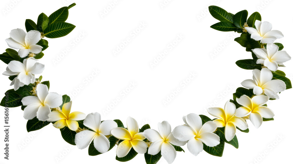 Naklejka premium Tropical plumeria flower frame with green foliage, cut out transparent