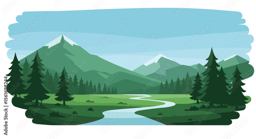 Fototapeta premium Serene Mountain Landscape with River and Pine Trees in a Flat Design Style