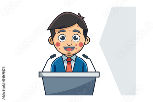 Public Speaker: An illustrated figure of a public speaker delivers a presentation with enthusiasm, poised behind a podium adorned with microphones.