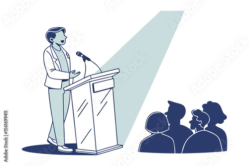 The Orator: A person giving a speech with microphone and rostrum to an audience of listeners, under the spotlight.