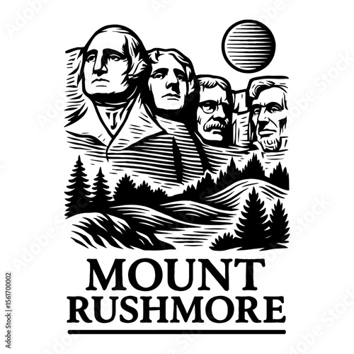 Mount Rushmore Monument Memorial Sculpture Black and White Outline Line Art Drawing