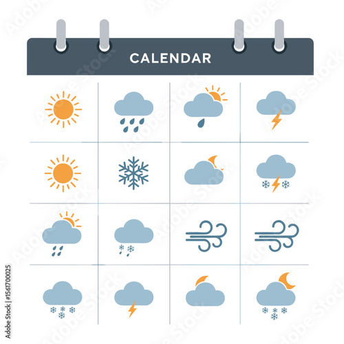 Weather icons on calendar showing sun, rain, snow, and storms  
