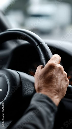 Close Up of Hand on Black Leather Steering Wheel