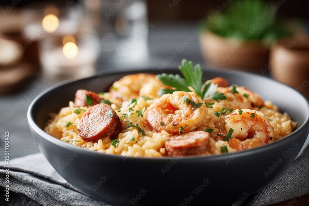 Delicious serving of colorful jambalaya with shrimp and sausage presented in a large bowl Delicious serving of colorful jambalaya with shrimp and sausage presented in a large bowl