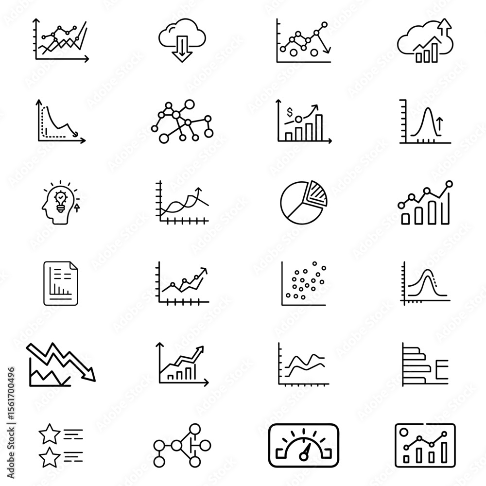 Fototapeta premium Collection of various data visualization icons including graphs charts and diagrams displayed in a grid layout