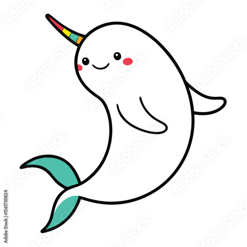 Charming outline drawing of a happy narwhal with a single horn