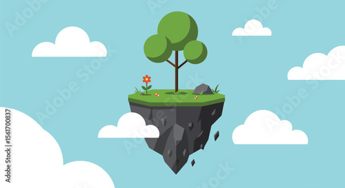 Floating Island with Tree Flower and Clouds in a Minimalist Flat Design Style