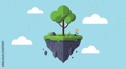 Cartoon Floating Island with Tree Flower Grass Rocks and Clouds in a Blue Sky