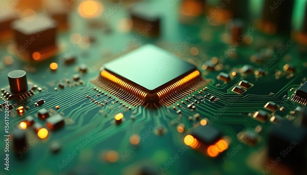 Obraz premium Close-up of advanced circuit board in smart factory. Tech component details, microchip, hardware, electronic. Innovation, modern engineering design. Green light visual, digital system, high