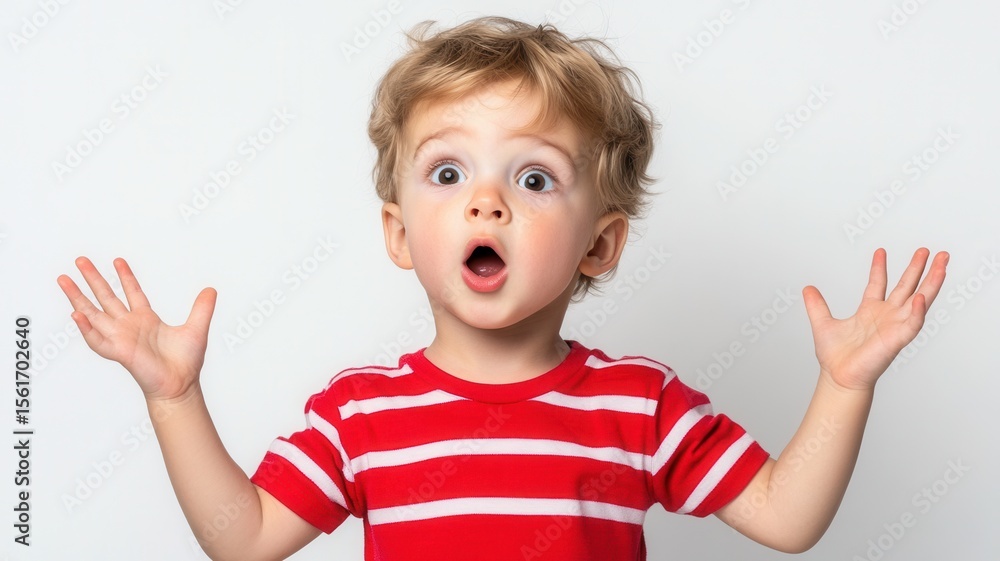Surprised child in red white striped shirt gasping, hands lifted high against bright white backdrop Surprised child in red white striped shirt gasping, hands lifted high against bright white backdrop