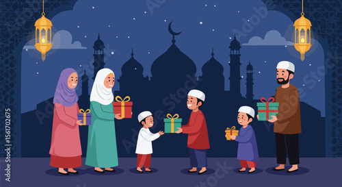 Muslim Family Giving Presents on Islamic Holiday with Mosque and Lanterns at Night