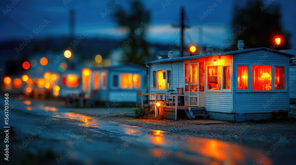 Obraz premium Glowing Mobile Homes in Evening Light