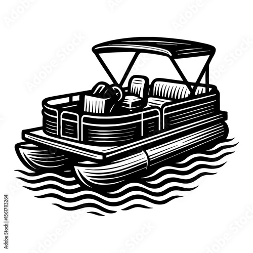 Classic Style Pontoon Boat Cruising on Water in Black and White Outline Line Art Drawing Vector Illustration Design
