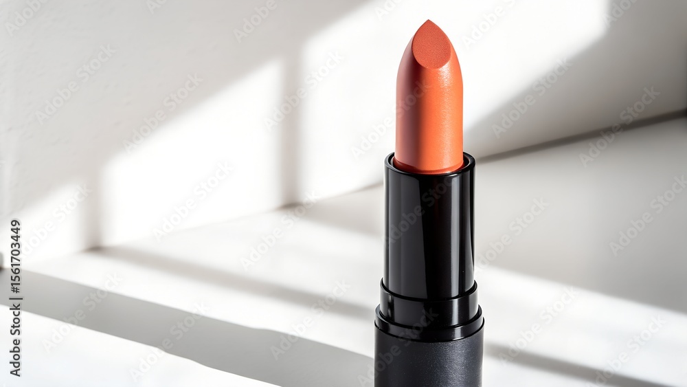Close up of a vibrant orange lipstick with a glossy black casing against a white background with dramatic shadows Close up of a vibrant orange lipstick with a glossy black casing against a white background with dramatic shadows