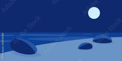 Serene Night Seascape Moonlit Beach with Smooth Stones