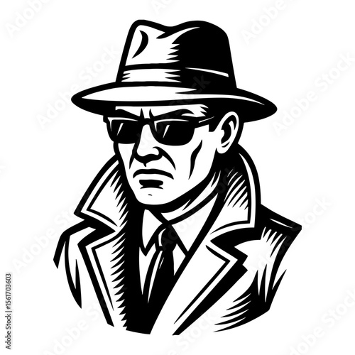 Portrait of Detective in Black and White Outline Line Art Drawing