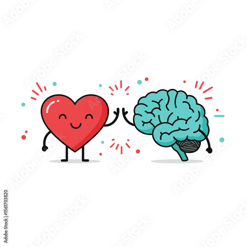 Cartoon heart and brain characters high-fiving with cheerful colors  