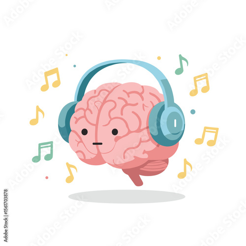 Cartoon brain wearing headphones and enjoying music with notes  