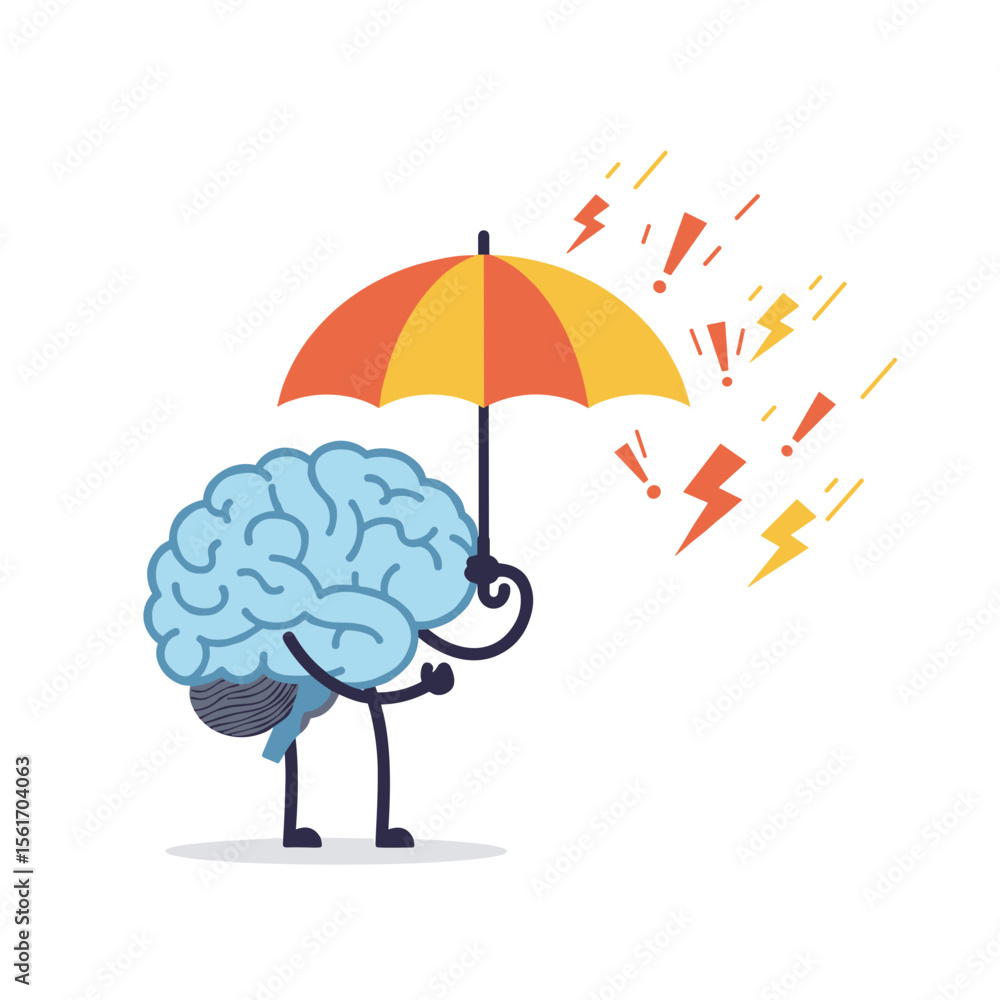Cartoon brain holding an umbrella to shield from lightning strikes Cartoon brain holding an umbrella to shield from lightning strikes