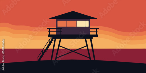 A lone lifeguard tower stands silhouetted against a vibrant sunset sky over the Florida coast