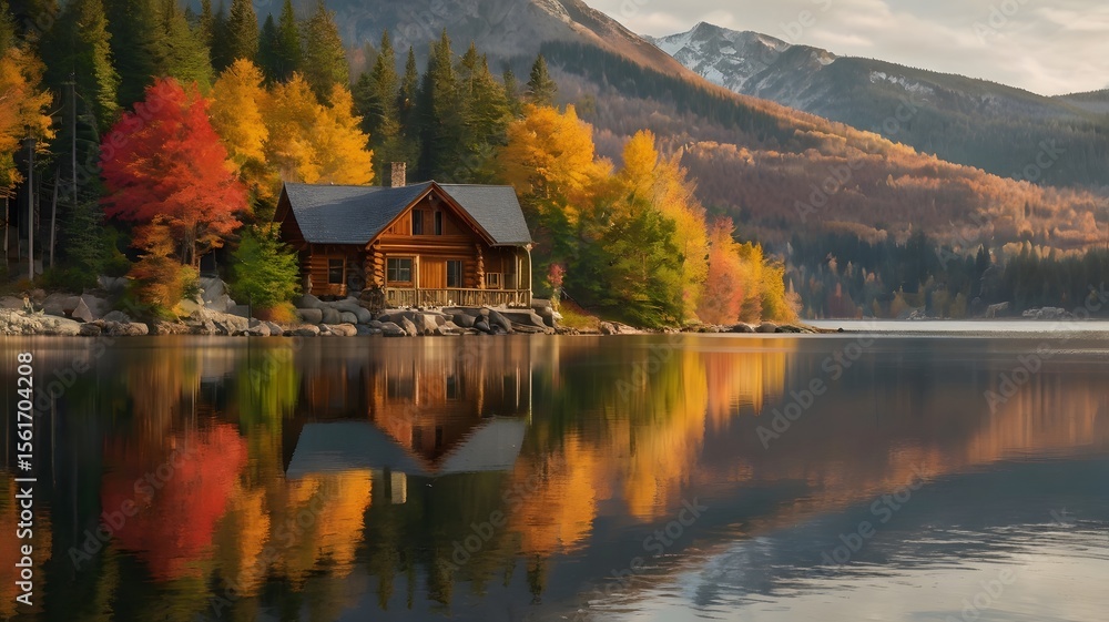 Fototapeta premium Autumn Mountain Reflections with Cozy Log Cabin and Boat by the Shore