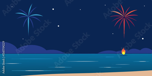 Vector illustration of a tropical island night landscape with palm trees on the beach under a moonlit sky