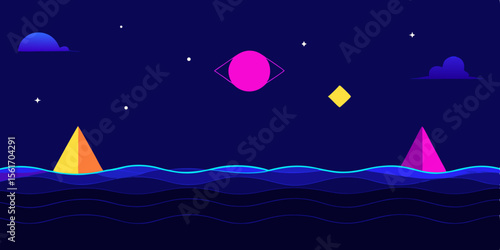 Moonlit night sky over a serene sea landscape with twinkling stars