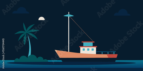 A lighthouse guides a lone vessel across the dark ocean under a vast night sky