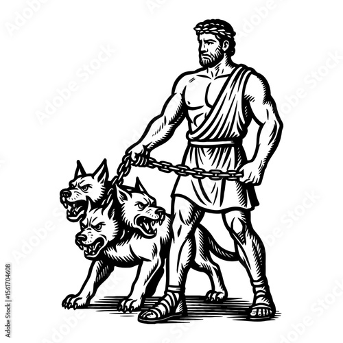 Wallpaper Mural Heracles Heros With Three Headed Dog Cerberus Black and White Outline Line Art Drawing Illustration Torontodigital.ca
