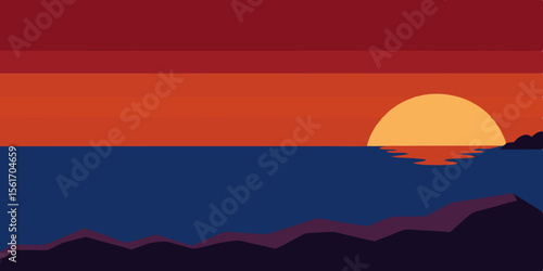 Golden sun dips below the horizon, painting the sky with fiery orange and red hues over majestic mountains and the vast sea