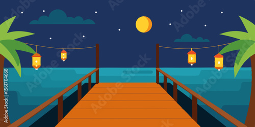 A serene night view of a tropical island landscape with the moonlit ocean and a tranquil beach