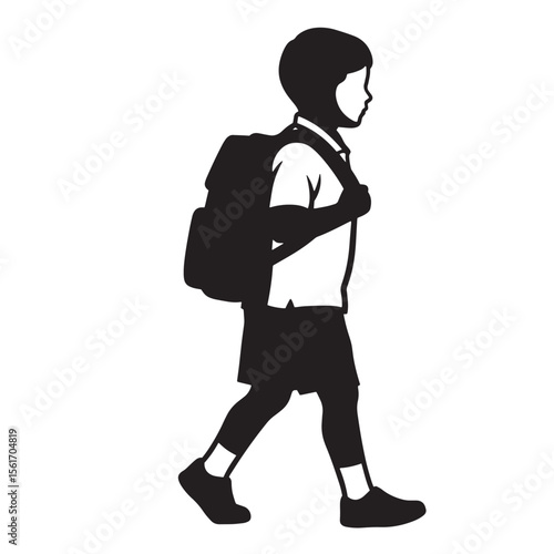 Silhouette of a schoolboy walking with a backpack towards education and learning