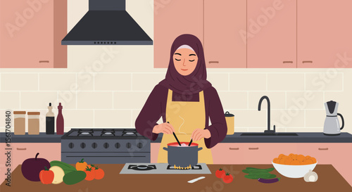 Muslim woman cooking in a modern kitchen wearing a hijab and apron at home
