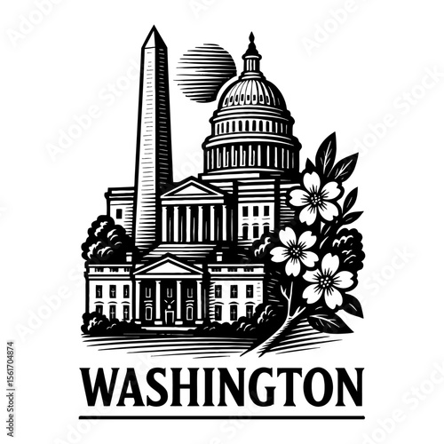 Black and White Outline Line Art Drawing of Washington DC Landmark with Flowers