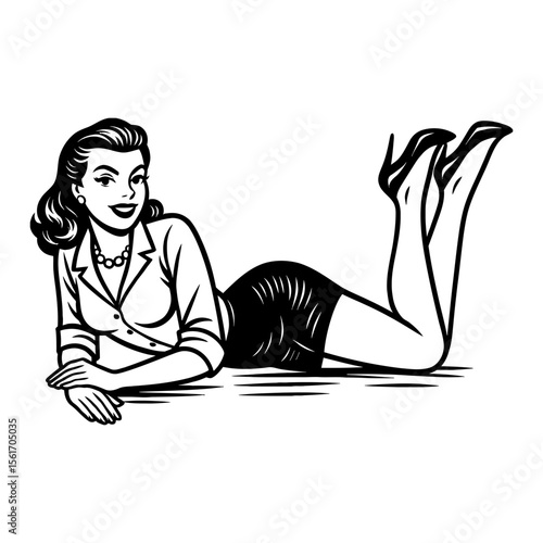 Beautiful Retro Pin Up Woman Lying Down Smiling in Vintage Black and White Outline Line Art Drawing