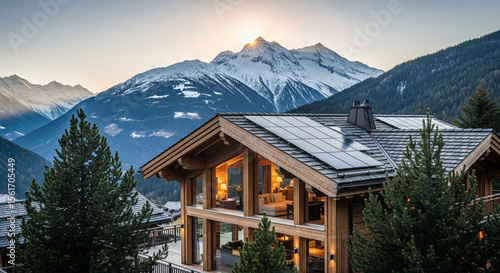 luxurious wooden chalet in Aspen, Colorado, with a low-angle perspective, showcasing the morning sunlight, the visible interior, the solar panels, and the stunning snow-capped peaks.