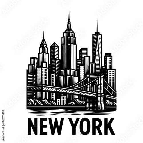 New York City Skyline Black and White Outline Line Art Drawing