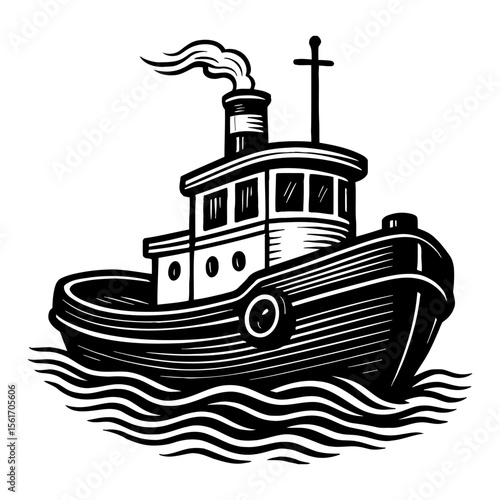 Tugboat Steaming on Ocean Waves Vintage Style Black and White Outline Line Art Drawing Marine Vehicle