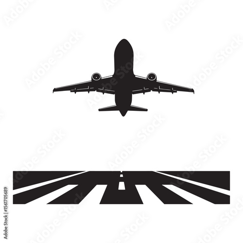 Silhouette of an airplane taking off from the runway on a white background