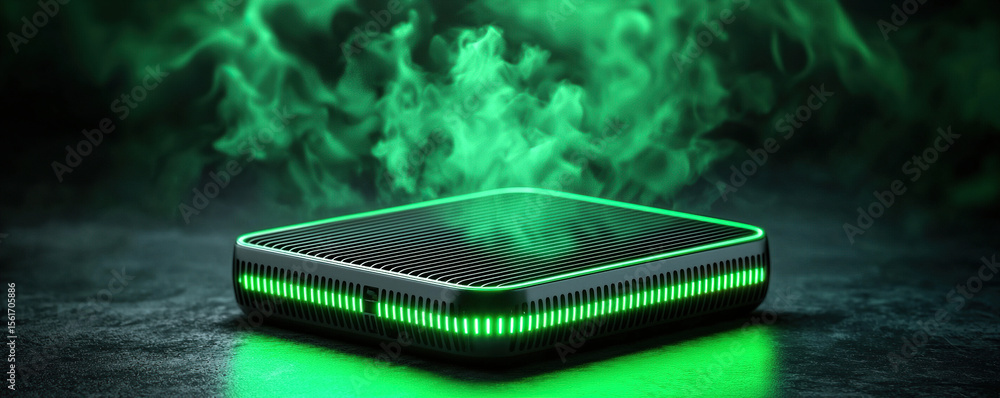 Futuristic device emits green smoke, suggesting advanced technology and energy. sleek design and glowing lights create mysterious and innovative atmosphere Futuristic device emits green smoke, suggesting advanced technology and energy. sleek design and glowing lights create mysterious and innovative atmosphere