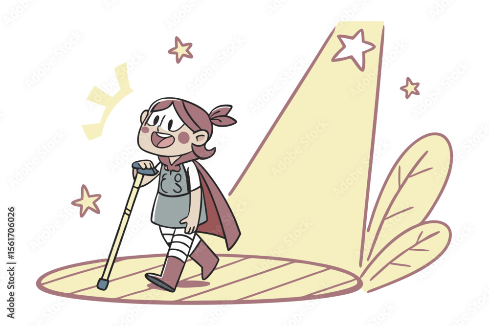 Fototapeta premium Superhero Resilience: An uplifting illustration depicts a determined young girl with a walking stick, her cape billowing, standing proudly under a spotlight, stars twinkling around her.