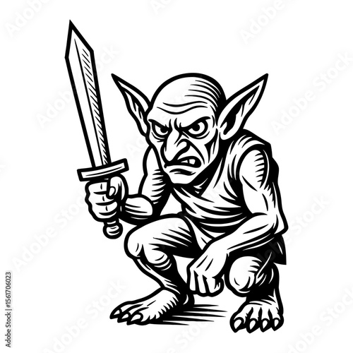Angry Goblin Creature Holding Sword Squatting Front View in Black and White Outline Line Art Drawing